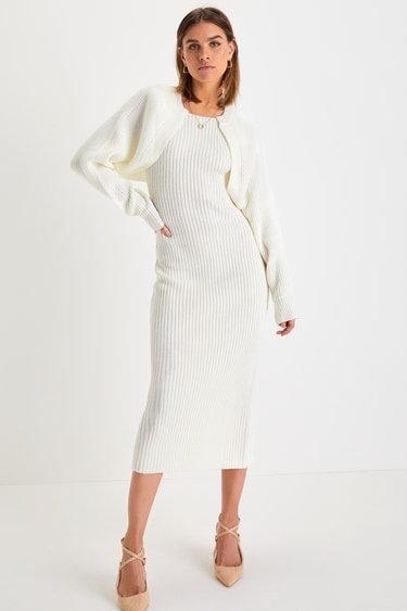 Aesthetic Season Ivory Ribbed Two-Piece Dress Cardigan Set