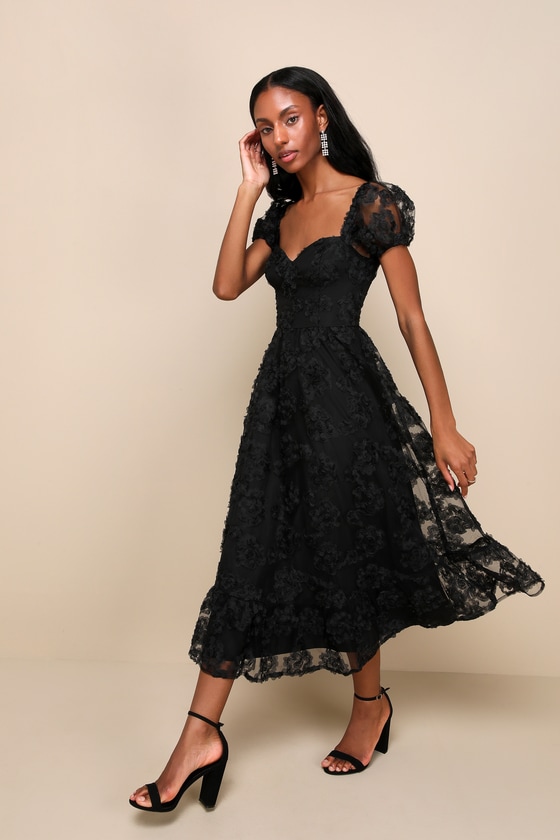 Lulus Notable Elegance Black Mesh Floral Applique Bustier Midi Dress
