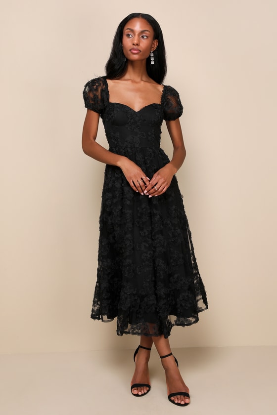 Notable Elegance Black Mesh Floral Applique Bustier Midi Dress 2