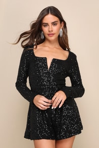 Cue the Shine Black Sequin Long Sleeve Romper