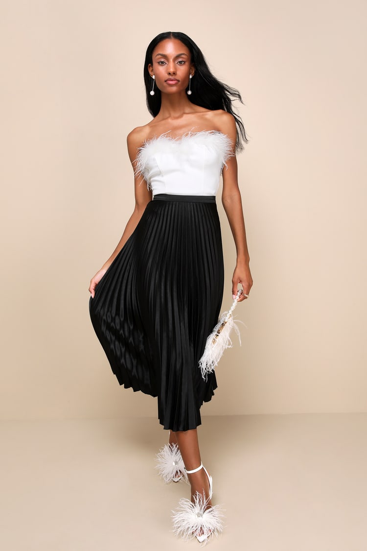 Chic Black Satin Skirt - Midi Pleated Skirt - Satin Midi Skirt - Lulus