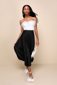 Fashionable Babe Black Satin Pleated Midi Skirt