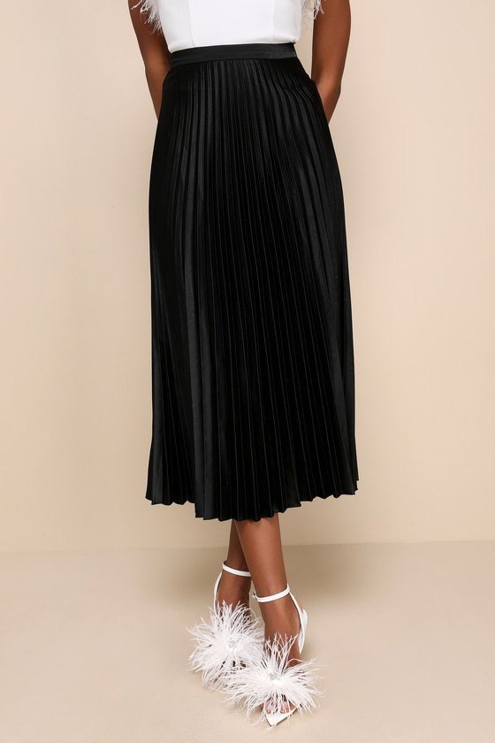 Fashionable Babe Black Satin Pleated Midi Skirt - Lulus