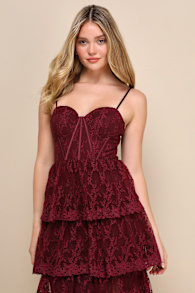 Exceptional Persona Wine Red Lace Tiered Bustier Midi Dress 4