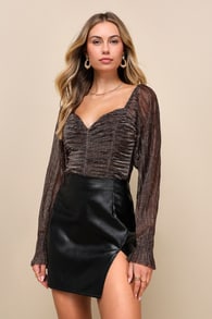 Iconic Approach Brown Plaid Mesh Lurex Ruched Long Sleeve Top