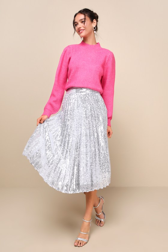 Lulus Glamorous Occasion Silver Sequin Pleated Midi Skirt