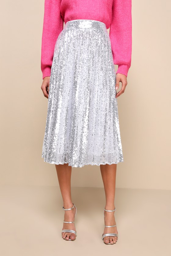 Glam Silver Sequin Skirt - Pleated Midi Skirt - Pleated Sequin - Lulus