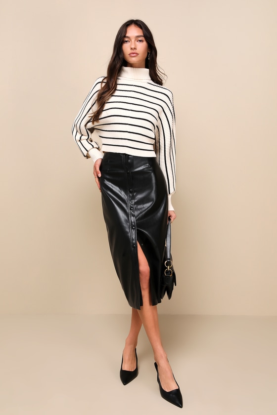 Lulus Stylish Impression Black Vegan Leather Button-front Midi Skirt