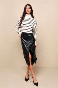 Stylish Impression Black Vegan Leather Button-Front Midi Skirt