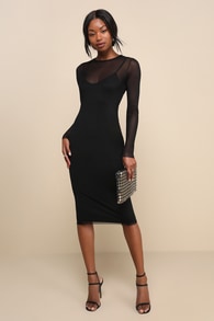 Perfect Plans Black Sheer Mesh Long Sleeve Bodycon Midi Dress 1