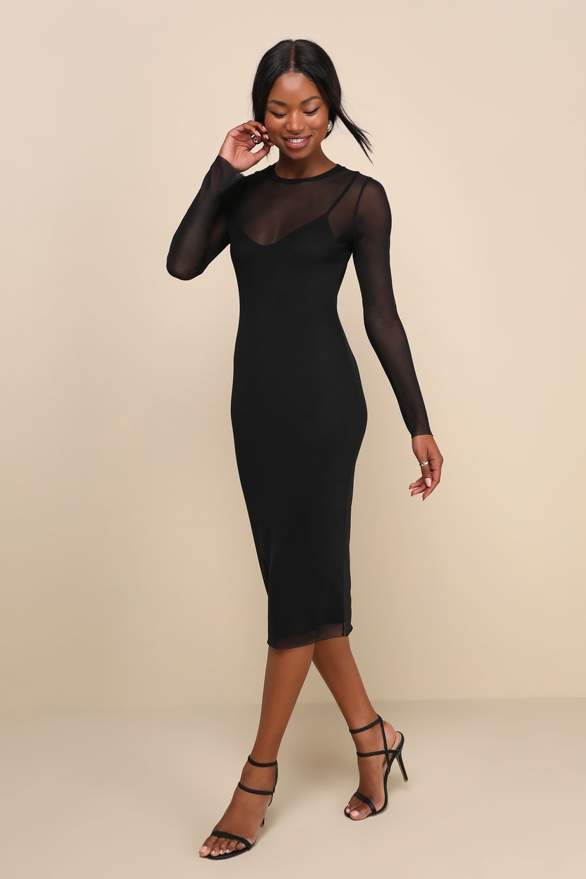 knee length dresses for ladies Black Mesh Ruched Long Sleeve Bodycon Dress main image 1