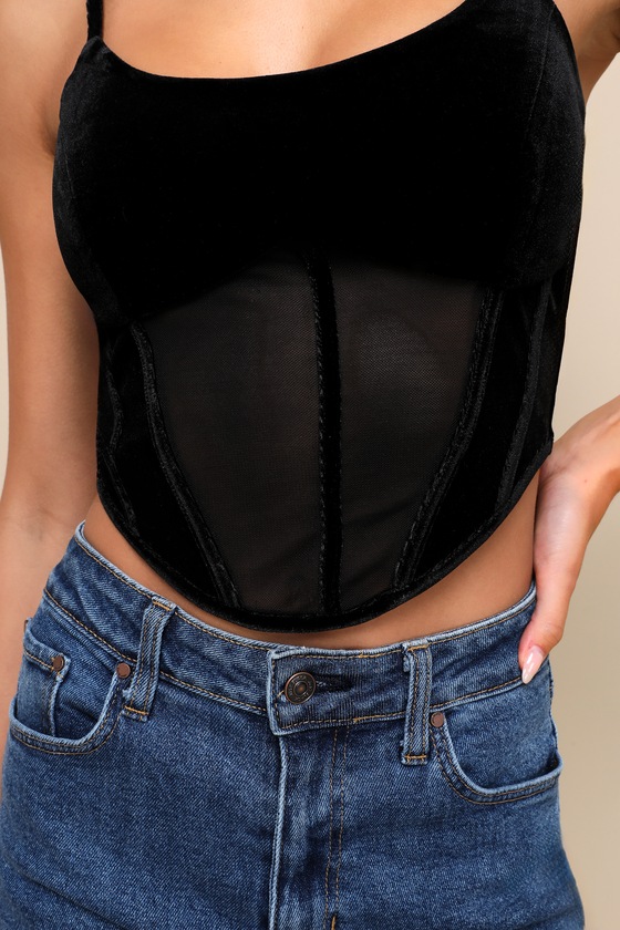 Confident Behavior Black Velvet Mesh Cropped Bustier Top 3