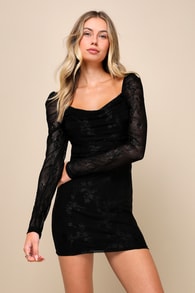 Sultry Occasion Black Mesh Floral Long Sleeve Mini Dress