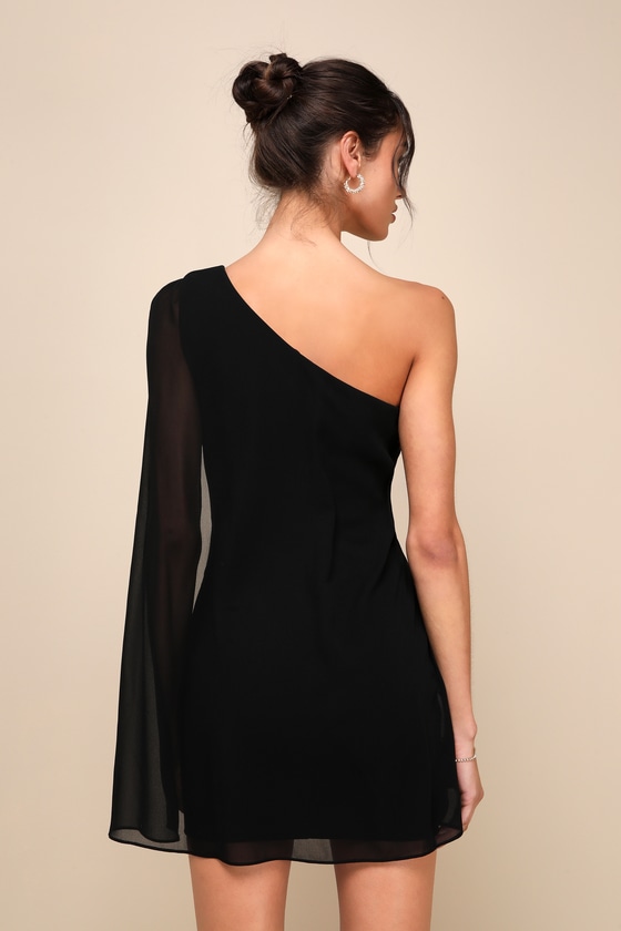 Black Mini Dress - Cape Sleeve Dress - One-Shoulder Mini Dress - Lulus