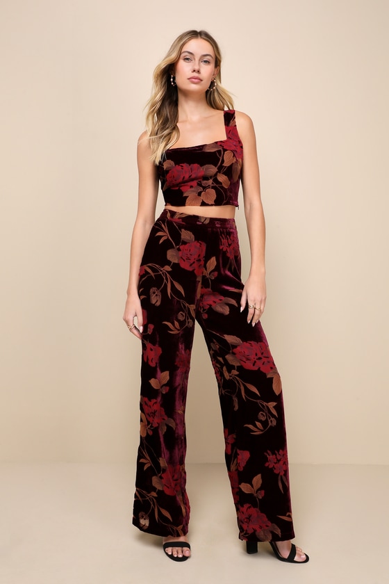 Only Tonight Plum Purple Floral Burnout Velvet Wide-Leg Jumpsuit 1