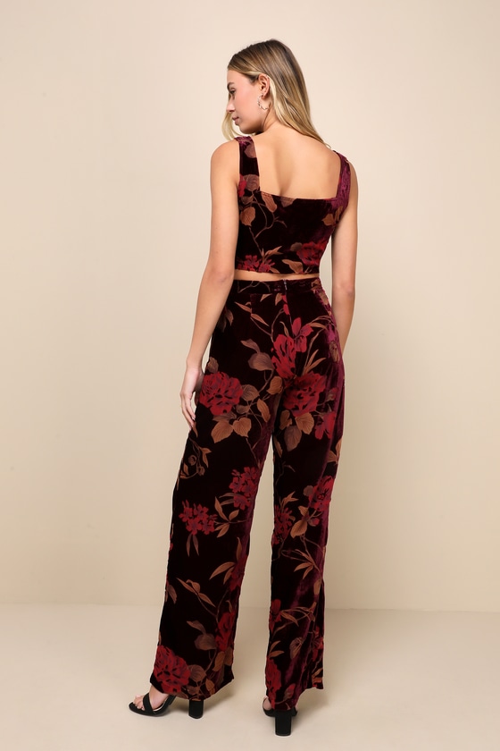 Purple Floral Jumpsuit Burnout Velvet Jumpsuit 2PC Jumpsuit Lulus