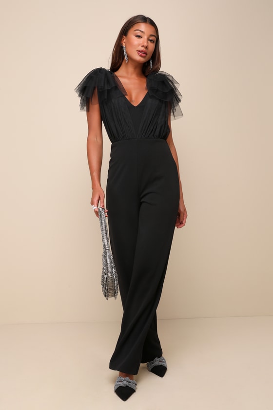 Lulus Fabulous Fun Black Tulle Flutter Sleeve Straight Leg Jumpsuit