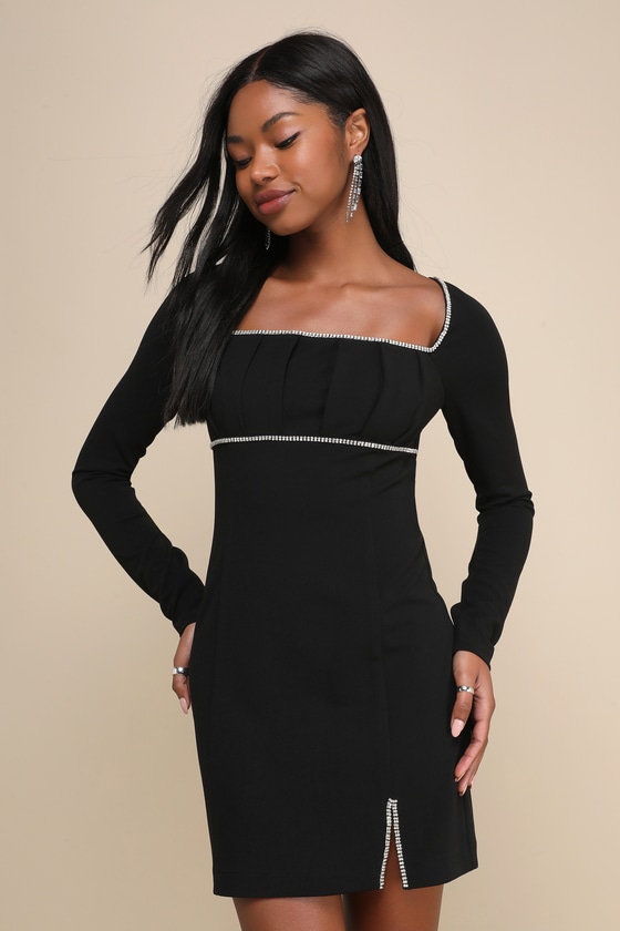 Lulus Sparkling Personality Black Rhinestone Long Sleeve Mini Dress