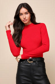 Seize the Season Red Ribbed Mock Neck Long Sleeve Top