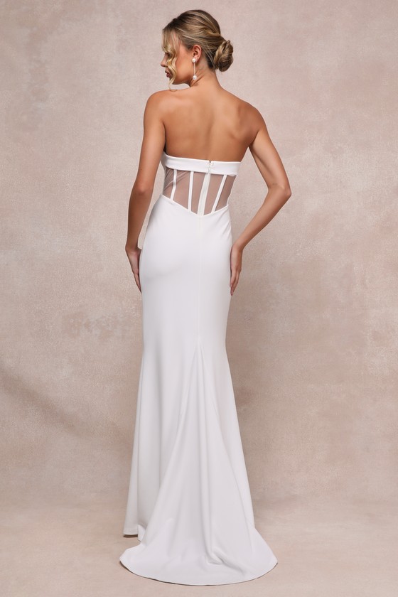 Lulus◆Iconic Arrival ストラップレスマーメイド ロングドレス White Mermaid Dress - Bustier Maxi Dress - Strapless Bridal Dress