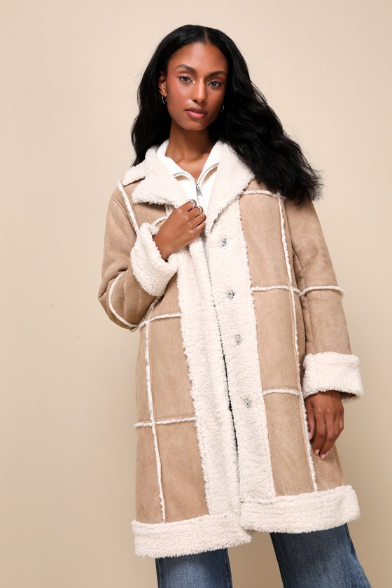 Lulus Warm Love Beige And Ivory Patchwork Shearling Coat