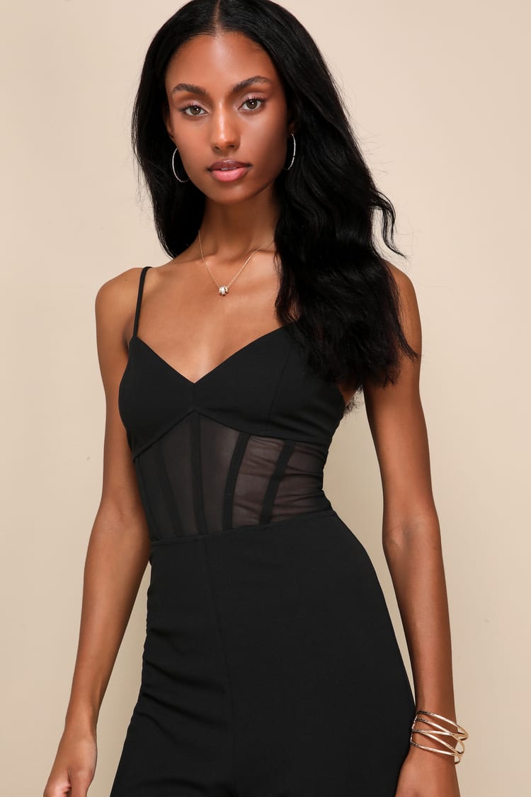 Sultry Strut Black Mesh Bustier Sleeveless Wide-Leg Jumpsuit