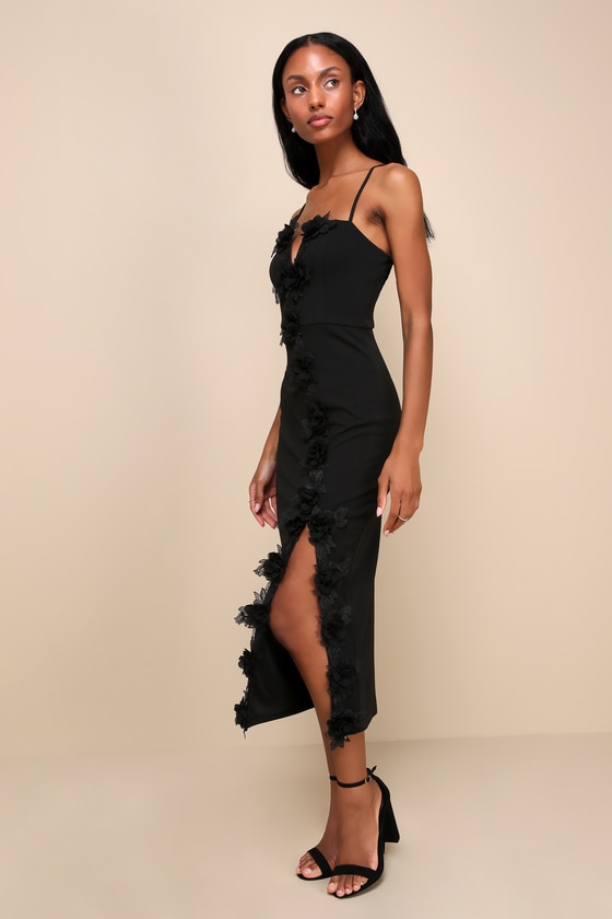 Black Midi Dress - 3D Floral Applique Dress - Sleeveless Dress - Lulus
