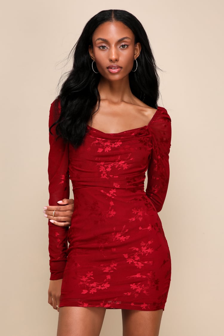 Wine Red Mesh Dress - Mesh Floral Dress - Long Sleeve Mini Dress