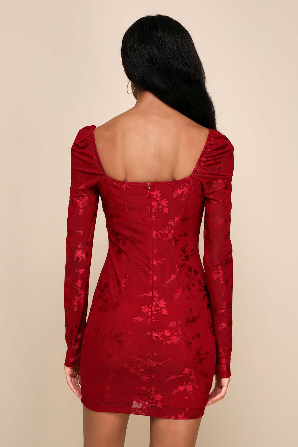 Sultry Occasion Wine Red Mesh Floral Long Sleeve Mini Dress
