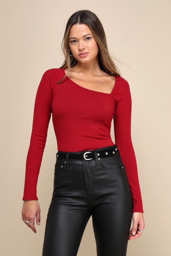 Red Ribbed Knit Top - Long Sleeve Top - Asymmetrical Top - Lulus