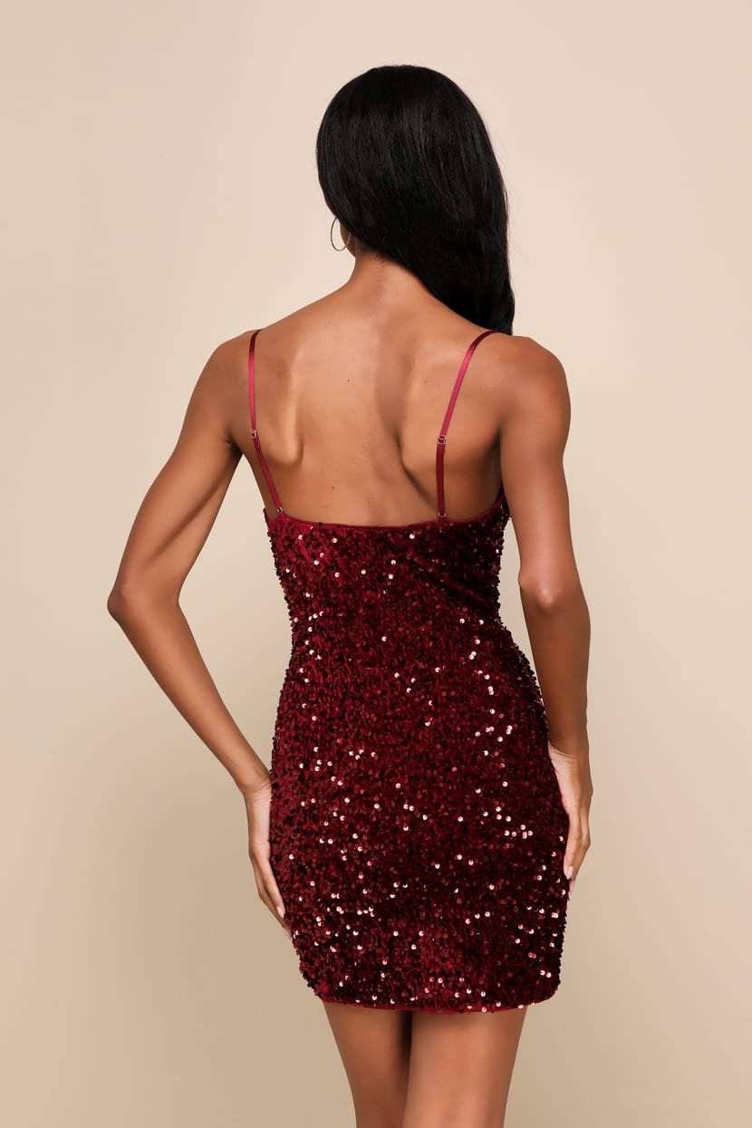 Burgundy Mini Dress - Velvet Sequin Dress - Cowl Neck Dress - Lulus
