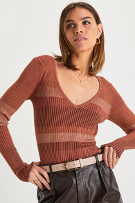 Updated Aesthetic Brown Multi Striped Ribbed Knit Sweater