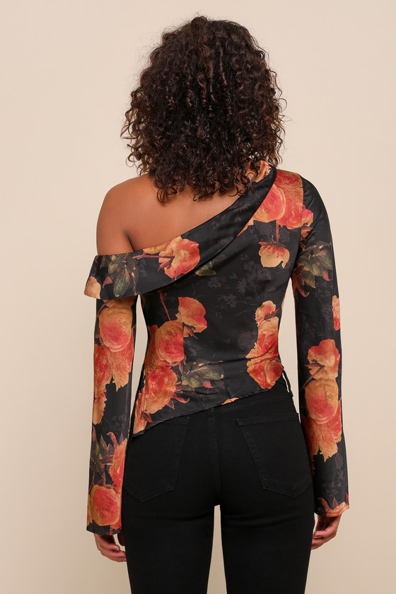 Black Floral Shoulder Straps Tops