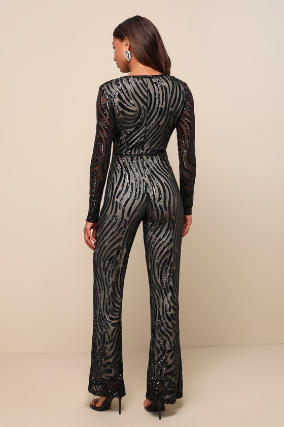 Special Sparkle Black Sequin Long Sleeve Straight Leg Jumpsuit 3