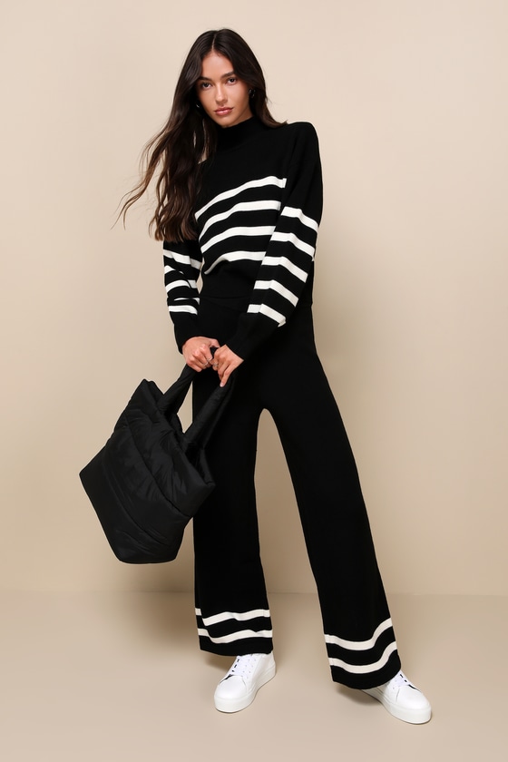Black Striped Knit Top - Mock Neck Sweater Top - Sweater Top