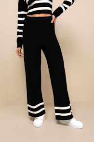 Effortlessly Charming Black Striped Wide-Leg Sweater Pants 2