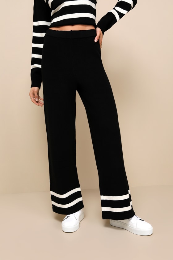 Effortlessly Charming Black Striped Wide-Leg Sweater Pants 2