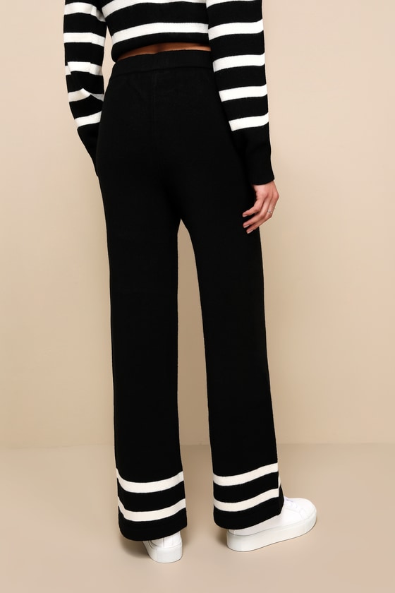 Effortlessly Charming Black Striped Wide-Leg Sweater Pants 3