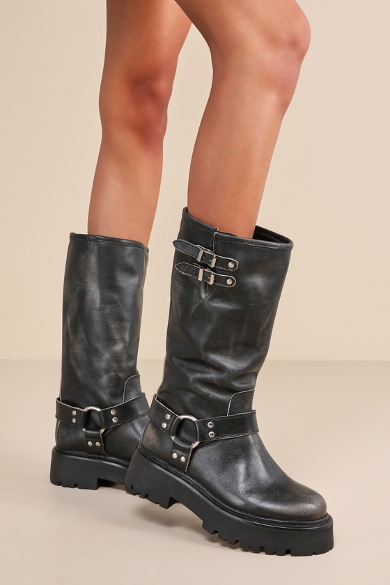 Raige Black Distressed Leather Knee-High Moto Boots 4