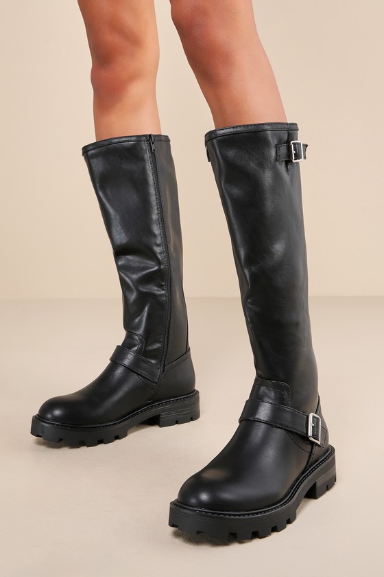 Freedomm Black Pari Buckle Knee-High Moto Boots 1