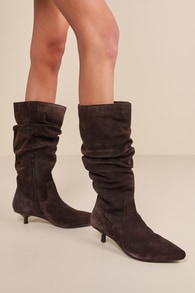 Acquainted Chocolate Suede Leather Kitten Heel Knee-High Boots
