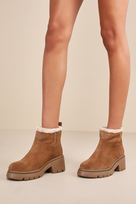 Hatcher Chestnut Suede Leather Faux Fur Lug Sole Ankle Boots 1