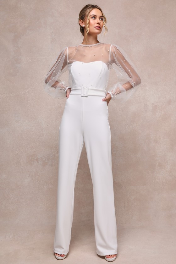 Lavish Darling White Mesh Pearl Belted Wide-Leg Jumpsuit 2