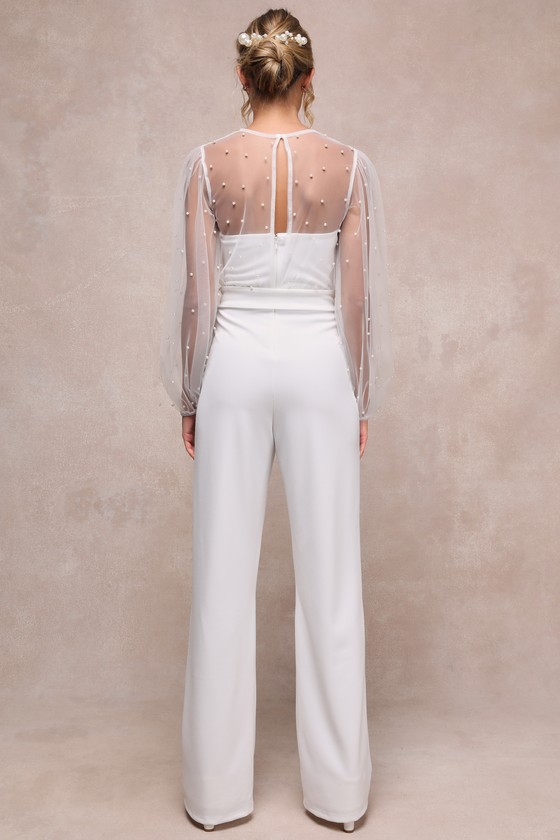 Lavish Darling White Mesh Pearl Belted Wide-Leg Jumpsuit 3