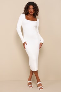 Gleaming Babe White Ribbed Knit Pearl Midi Sweater Dress