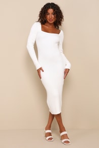 Gleaming Babe White Ribbed Knit Pearl Midi Sweater Dress 6