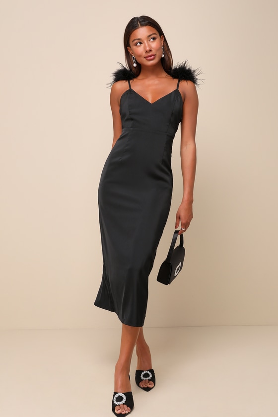 Lulus Exquisite Invite Black Satin Feather Backless Midi Dress