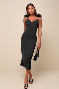 Exquisite Invite Black Satin Feather Backless Midi Dress 1