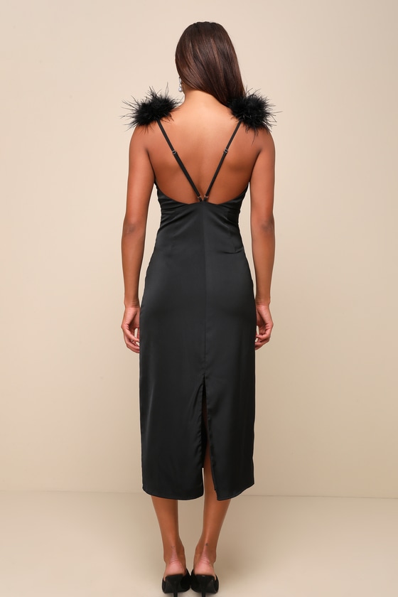 Exquisite Invite Black Satin Feather Backless Midi Dress 3