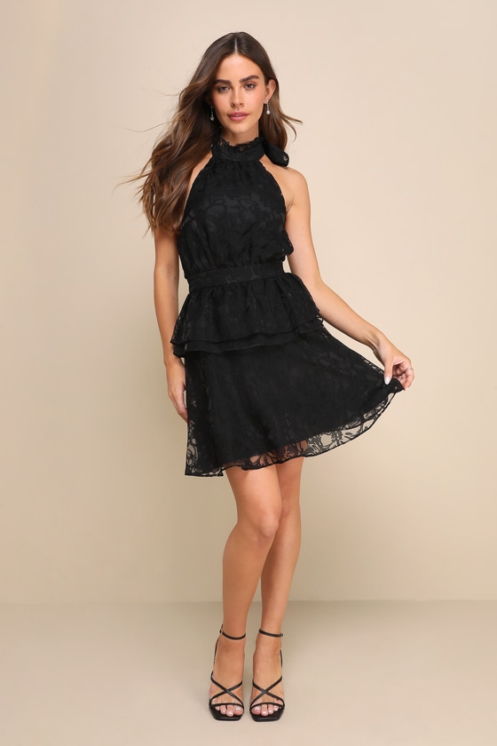 Lulus Tier Confidence Black Burnout Organza Tiered Halter Mini Dress